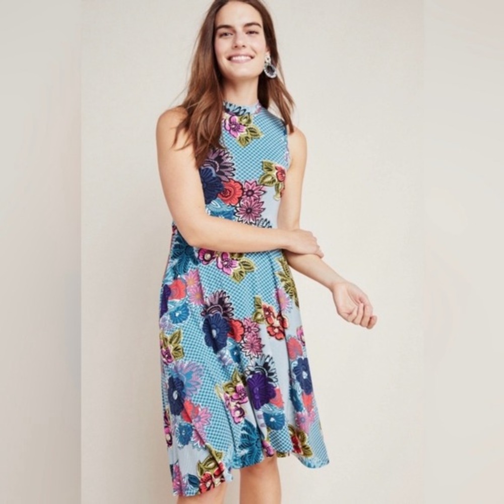 Anthropologie Maeve Cyprus Swing Dress‎ Medium Mock Neck Floral Geometric
